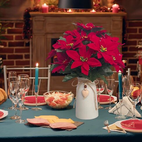 Artificial Red Poinsettia Christmas Flower Arrangement in Decorative White Vase, Holiday Floral Centerpiece with Heart Accent, Perfect Christmas Décor for Home, Office, or Gifts in Kuwait