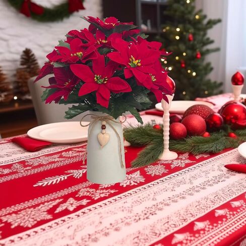 Artificial Red Poinsettia Christmas Flower Arrangement in Decorative White Vase, Holiday Floral Centerpiece with Heart Accent, Perfect Christmas Décor for Home, Office, or Gifts in Kuwait