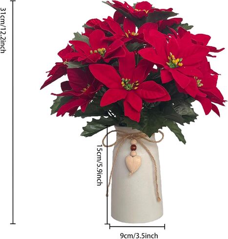 Artificial Red Poinsettia Christmas Flower Arrangement in Decorative White Vase, Holiday Floral Centerpiece with Heart Accent, Perfect Christmas Décor for Home, Office, or Gifts in Kuwait