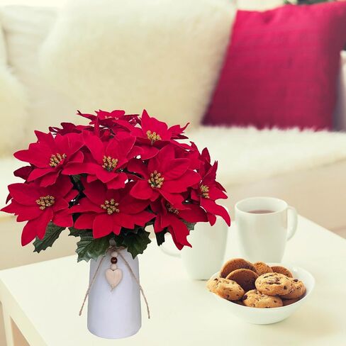 Artificial Red Poinsettia Christmas Flower Arrangement in Decorative White Vase, Holiday Floral Centerpiece with Heart Accent, Perfect Christmas Décor for Home, Office, or Gifts in Kuwait
