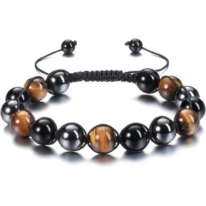 Jovivi 1-2pcs Triple Protection Bracelet for Men Women, 8mm Natural Hematite Black Obsidian Tiger Eye Crystal Stone Bracelet Lava Rock Beads Anxiety Bracelets,Round Gemstone Healing Crystals Bracelet for Good Luck