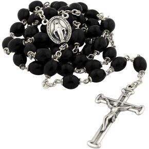 Rosary with Black Wooden Beads | Classic Silver-Tone Chain | Miraculous Medal Center and Simple Crucifix | Great Catholic Gift for First Communion and Confirmation