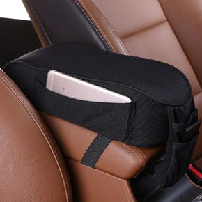 Auto Center Console Armrest Pillow Pad, Car Armrest Cushion Soft Memory Foam with Phone Holder Storage, Pockets Bag Seat Cushion Universal Fit for Most Car (Black)