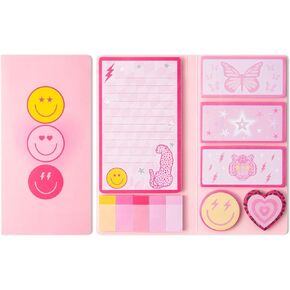 L1rabe Preppy Sticky Notes Set - 550 Sheets Christmas Y2K Smile Face Self-Stick Notes Pads College School Supplies Pink Divider Tabs Bundle Writing Memo Pad for Preppy School Students Birthday Gifts
