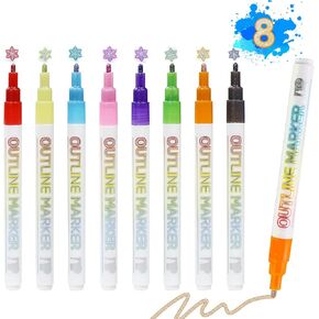 Dual Line Highlighter Outline Marker Set: 12 Colors Marker Pen for Highlight, Shimmer Glitter Markers Outline Double Line Metallic Glitter Pens Set Sparkle Kid Doodle Drawing Supplies Art Craft