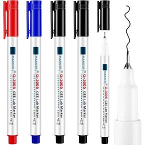 Janlaugh 5 Pcs Alcohol Resistant Laboratory Markers, 0.5mm Fine Point Black Permanent Freezer Pens, Designed for Industrial, Lab and Hospital Use (3 Black & 1 Red & 1 Blue)