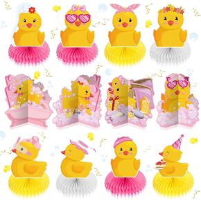 Teling 12 Pcs Duck Birthday Decorations Pink Duck Honeycomb Centerpieces Rubber Duck Themed Duck Baby Shower Decorations for Table Girl Birthday Party Photo Booth Props Supplies