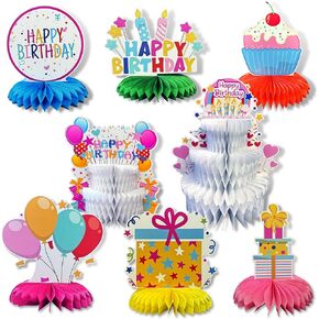 Happy Birthday Table Decorations Honeycomb Centerpiece Decor for Party Tables Kids Colorful Fake Birthday Cake Kit Center Pieces 8 Pack Supplies
