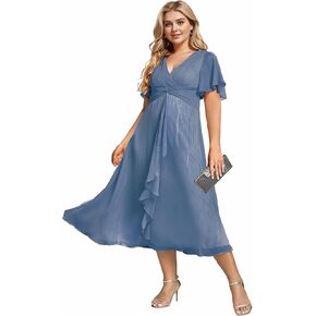 Ever-Pretty Plus Women's V Neck Pleated Plus Size Short Sleeves A Line Midi Semi Formal Dresses 02131-DA