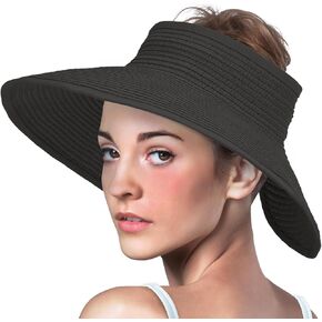 Straw Sun Hats for Women,Straw Visor Hat for Women,Travel Wide Brim Beach Hats for Sun Protection,Packable Foldable Adjustable Sun Hat with Ponytail Hole,Black