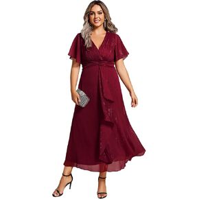 فساتين Ever-Pretty Plus النسائية ذات الرقبة على شكل V مطوية مقاس كبير وأكمام قصيرة على شكل حرف A متوسطة الطول 02131-DA in Kuwait