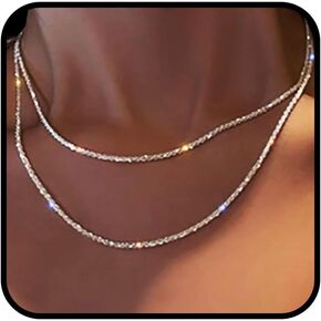 Yalice 925 Sterling Silver Sparkly Necklace Layered Dainty Chain Necklace Silver Cross Pendant Paperclip Necklaces Waterproof Minimalist Jewelry Gifts