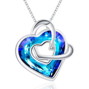 Women Double Love Heart Pendant Necklace for Women Gold Plated with Colorful Blue Crystal Jewelry Gift for Mom Her