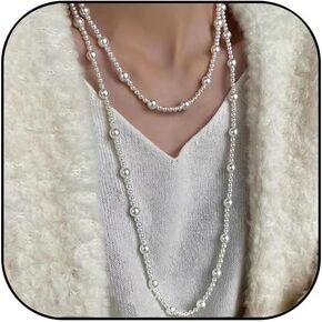 Long Pearl Necklaces for Women 1920s Fashion Faux Pearl Necklace Vintage Layered Pearl Necklaces Pearl Chain Necklace 1920s Bridal Wedding Party Costume Jewelry in Kuwait