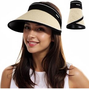 Women Straw Sun Visor Hat - UV Protection Wide Brim Roll Up Summer Hat Foldable Outdoor