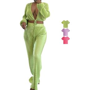 2 Piece Outfits for Women Wide Leg Pants Solid Daily Pleated Suit Outfit Lounge Top Pants Sets 2 Piece Outfits