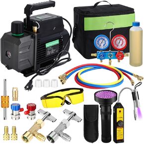 3.5CFM 1/4 Air Vacuum Pump and Gauge Set, HVAC R134a R12 R22 R410a Refrigeration Manifold Gauge with Leak Detector Quick Couplers Puncture, Self Sealing Can Taps, 100 LED Flashlight