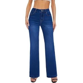 FLYING BANANA Women's High Waisted Wide Leg Baggy Stretch Denim Jeans (Classic Blue, 6)