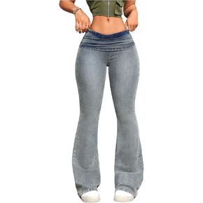 WDIRARA Women's Low Rise Ruched Flared Bell Bottom Jeans Stretch Long Denim Pants