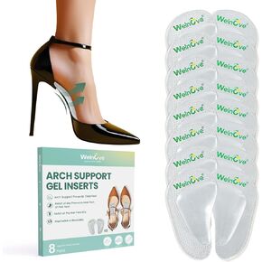 Arch Support Inserts Flat Feet - Welnove 8-Pair Gel Arch Support Insoles for Plantar Fasciitis, Foot Pain Fatigue Relief - Soft Arch Support Heel Pads Adhesive Fit Most Shoes, Men Women, 0.47" Height