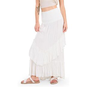 CHARTOU Women Boho Maxi Convertible Skirt Wide Smocked Elastic Waist Asymmetric Ruffle Strapless Dress