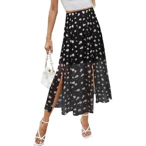 Avanova Women Boho Floral Mesh Double Silt Midi Skirts Split High Waisted Long Skirts