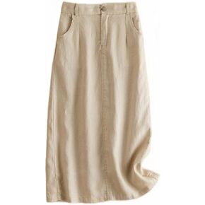 Kinghua Womens Linen Skirt Elastic High Waisted Casual Straight Cotton Linen Midi Skirt with Slit