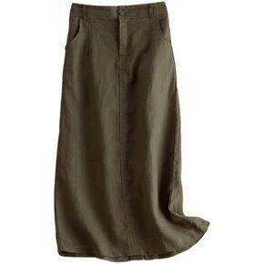 Kinghua Womens Linen Skirt Elastic High Waisted Casual Straight Cotton Linen Midi Skirt with Slit