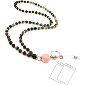 Beaded Lanyards for ID Badges and Keys, Cute Teacher Lanyard Retractable Natural Stone Lanyards for Women