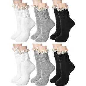 6 Pairs Women Slouch Socks Ruffle Frilly Turn Cuff Socks Cotton Knit Lace Trim Knee High Scrunch Boot Socks