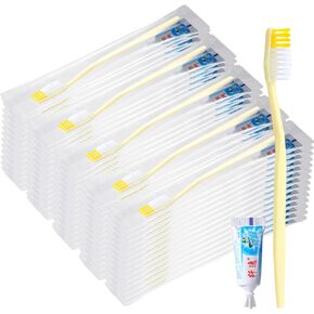 meekoo 200 Set Disposable Toothbrush with Toothpaste Individually Wrapped Travel Toothbrush Kit Homeless Hygiene Kit Bulk for Travel Hotel Shelter Homeless Nursing Home(Gold, Classic)