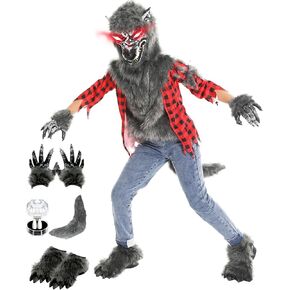 Halloween Werewolf Costume for Boys, Deluxe Howling Wolf Suits with Light Up Red Eyes Mask, Gloves, Shoes, Tail, Fangs Dress up for Kids, Horror Mask Party Cosplay Costume, Red 3T-4T