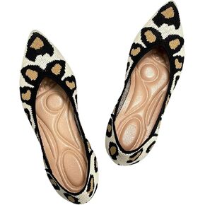 Women's Ballet Flats Comfort Breathable Mesh Knit Leopard Black Pointed Toe Slip On Shoes