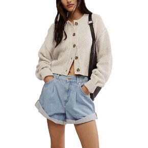 Zontroldy Womens 2024 Fall Casual Cropped Cardigan Button Front Solid Color Long Sleeve Tops Sweaters