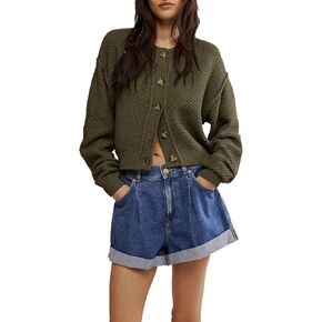 Zontroldy Womens 2024 Fall Casual Cropped Cardigan Button Front Solid Color Long Sleeve Tops Sweaters