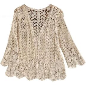 Women's Summer Long Sleeve Cardigan Hollow Out Crochet Knit Floral Cover Up Open Front Scalloped Mesh Beach Shrug Coat Beige in Kuwait