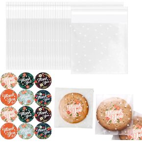 100PCS Cookie Bags with Seal for Packaging 4x4 Inches, Resalable Cellophane Treat Bags with "Thank you" Sticker, Individual Clear Gift Bags for Candy, Gingerbread, Dessert