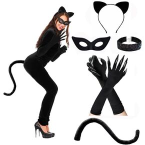 Halloween Cat Costume Accessories for Women, 5PCS Cute Black Cat Mask Ears and Tail Set, Cat Claw Gloves Necklace for Adults Party Masquerade Cosplay