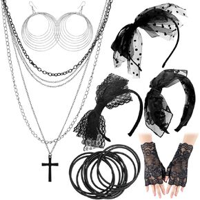 RechicGu Women's 80s Fancy Costume Accessory Set,Concert Outfit with Bow Headband, Cross Necklace, Lace Gloves,Circle Earrings, Black Rubber Bracelet, 80s Retro Party Punk Rock 1980s Fashion Look