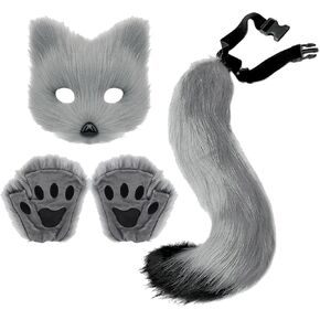 Faux Fur Fox Tail Cat Wolf Cosplay Costume Set Furry Orc Mask and Fox Tail Gloves Set Halloween Christmas Party Girls Women, Mask, a Pair of Gloves and a Tail 3-Piece Set