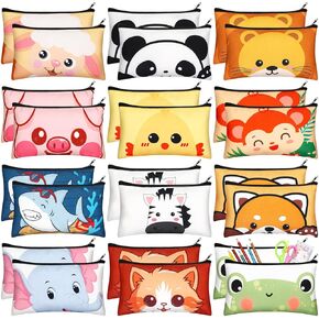 24 Pcs Cartoon Zipper Pencil Case Pouch Bulk Cute Cartoon Animal Pen Bags Multicolored Cat Panda Chick Shark Pencil Cases Kawaii Canvas Pen Boxes for Boys Girls Students Classroom School