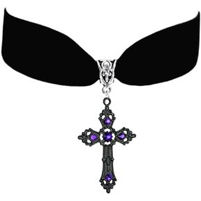Gothic Cross Necklace for Women Vintage Red Crystal Gem Black Cross Pendant Necklace Goth Black Velvet Choker Necklace Halloween Cross Necklace Gothic Charm Necklace Jewelry for Women