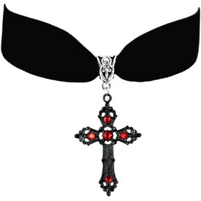 Gothic Cross Necklace for Women Vintage Red Crystal Gem Black Cross Pendant Necklace Goth Black Velvet Choker Necklace Halloween Cross Necklace Gothic Charm Necklace Jewelry for Women