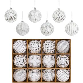 XmasExp Vintage Rustic Christmas Ball Ornaments Sets Farmhouse Distressed Christmas Tree Decorations Shatterproof Antique Traditional Style Xmas Hanging Ornaments （White Gold, 12Pcs