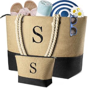 Beach Bags for Women, Initial Tote Bag with Makeup Bag, Unique Birthday Gifts for Women Mom Friend