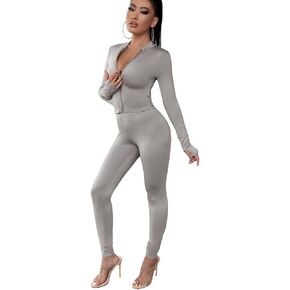 Floerns Women's 2 Piece Bodycon Track Suit Full Zip Up Long Sleeve Leggings Set