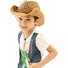 Adults/Kids Straw Cowboy Sun Hat Shapeable Wide Brim Cap Western Style Country UPF 50+ Cap Hollow Breathable Summer Beach Hat
