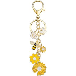 Initial Keychain for Women Cute Bag Charms with Flower Bee Butterfly Practical Letter Keyring for Purse Handbag