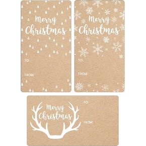 White Christmas Trees and Snowflakes Christmas Gift Tags on Kraft, Self-Adhesive Gift Wrap Tags – 75 Labels, Deer Antler Holiday Gift Tags