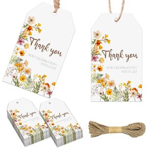 50Pcs Wildflower Thank You Tags, Ink Watercolor Floral Hanging Thank You for Celebrating with Us Labels for Wedding Bridal Shower Party Favors, Souvenir Gift Wrap Decorations Supplies